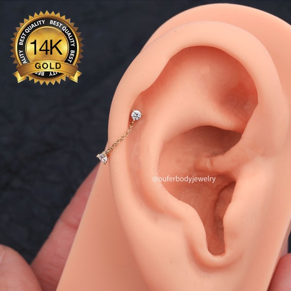 CZ Paved Heart 14K Gold Labret Tragus Nose Cartilage Flat Back Earring