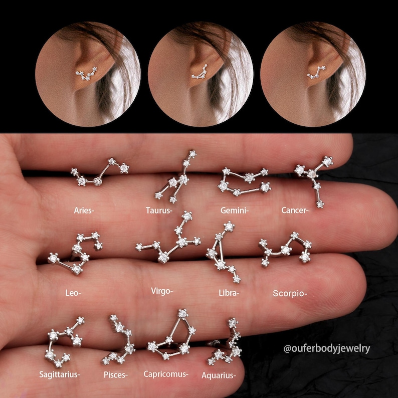 16G Celetial Zodiac Cartilage Earring Studs/Constellation Stud boucles d'oreilles/Horoscope Boucles d'oreilles/Conch Boucles d'oreilles/Helix Studs/Mother's Day Gift image 1