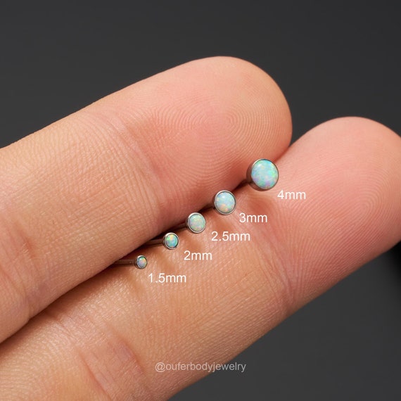16/18/20G Titanium Threadless Bezel Opal Stud/Tiny Silver Cartilage Stud/Push Pin Labret/Nose Piercing/Tragus/Conch/Helix Flat back Earring