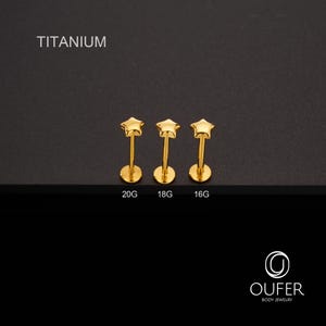 K&ouml;nnte beinhalten: Drei goldfarbene K&ouml;rperschmuck-Ohrstecker in Sternform. Die Ohrstecker sind mit 20G, 18G und 16G beschriftet. Das Wort "TITANIUM" steht &uuml;ber den Ohrsteckern. Das OUFER Body Jewelry-Logo befindet sich unten rechts.