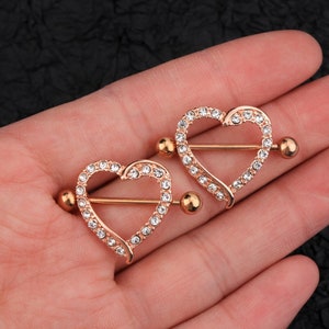 2Pcs 14G Heart CZ Nipple Shields/Rose Gold Nipple Ring/Heart Nipple Ring/Nipple Piercing Jewelry/Nipple Barbells/Sexy Body Jewelry/Gifts