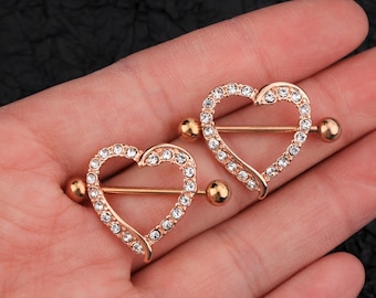 2Pcs 14G Heart CZ Nipple Shields/Rose Gold Nipple Ring/Heart Nipple Ring/Nipple Piercing Jewelry/Nipple Barbells/Sexy Body Jewelry/Gifts