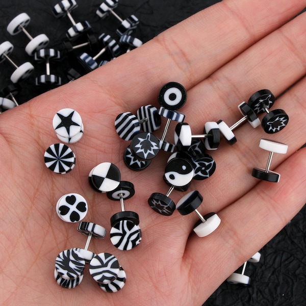 50Pc White & Black 18G ear plugs, fake ear plugs, fake gauges, plug earrings, tunnel earrings, gauge earrings, faux plugs, faux body jewelry
