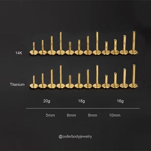 Puede incluir: Colecci&oacute;n de piercings labiales dorados. La imagen muestra dos filas de tachuelas, una etiquetada como "14K" y la otra como "Titanio". Los tama&ntilde;os var&iacute;an de 5 mm a 10 mm. Los calibres son 20g, 18g y 16g. El texto "@ouferbodyjewelry" est&aacute; en la parte inferior.