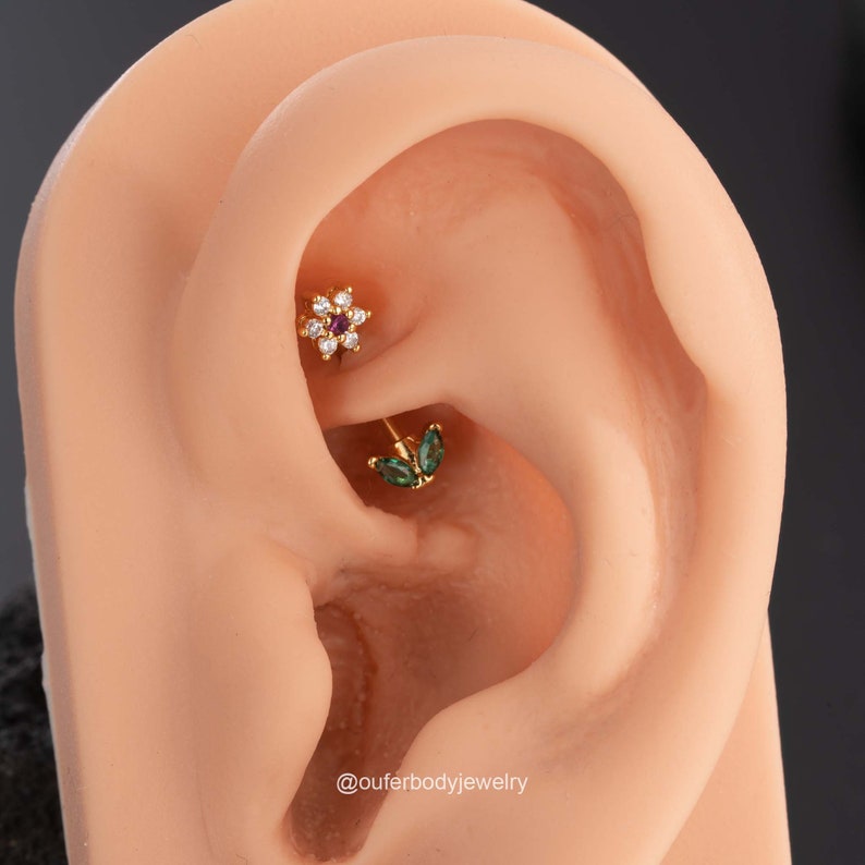 16G flor curvada barra/pendiente de cartílago de hoja verde/pendiente de torre/anillo de cejas/barra de torre/perforación de torre/joyería de cejas/regalo para ella 6/8 imagen 2