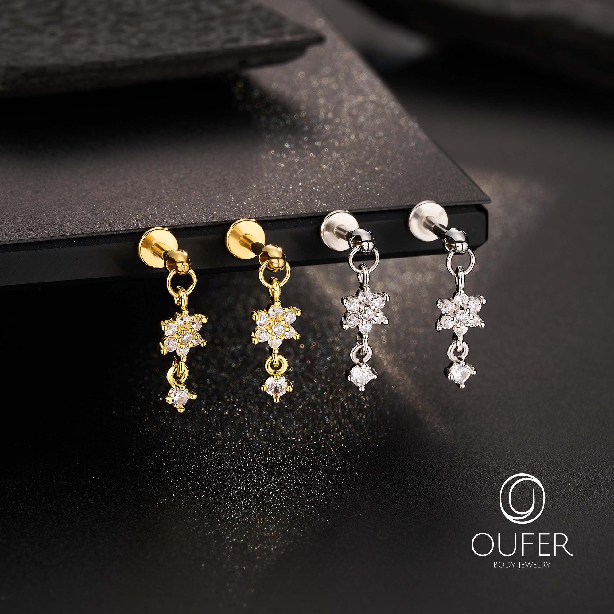 16G Flower CZ Hidden Vertical Helix Earring, Dangle Hidden Rook ...