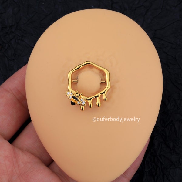 Gold CZ Bee Nipple Shield Ring/Nipple Piercing/Nipple Jewelry/Nipple Barbell/Sexy Body Jewelry/Straight Barbell/Gift For Her/Bee Jewelry