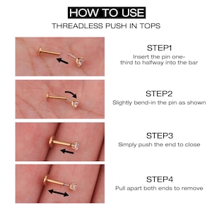 14K Solid Gold Threadless Push In CZ Labret Stud/Tragus/Cartilage/Conch/Forward Helix Piercing/Nose Push Pin Stud 1.5mm,2.0mm, 2.5mm 3mm 4mm image 4