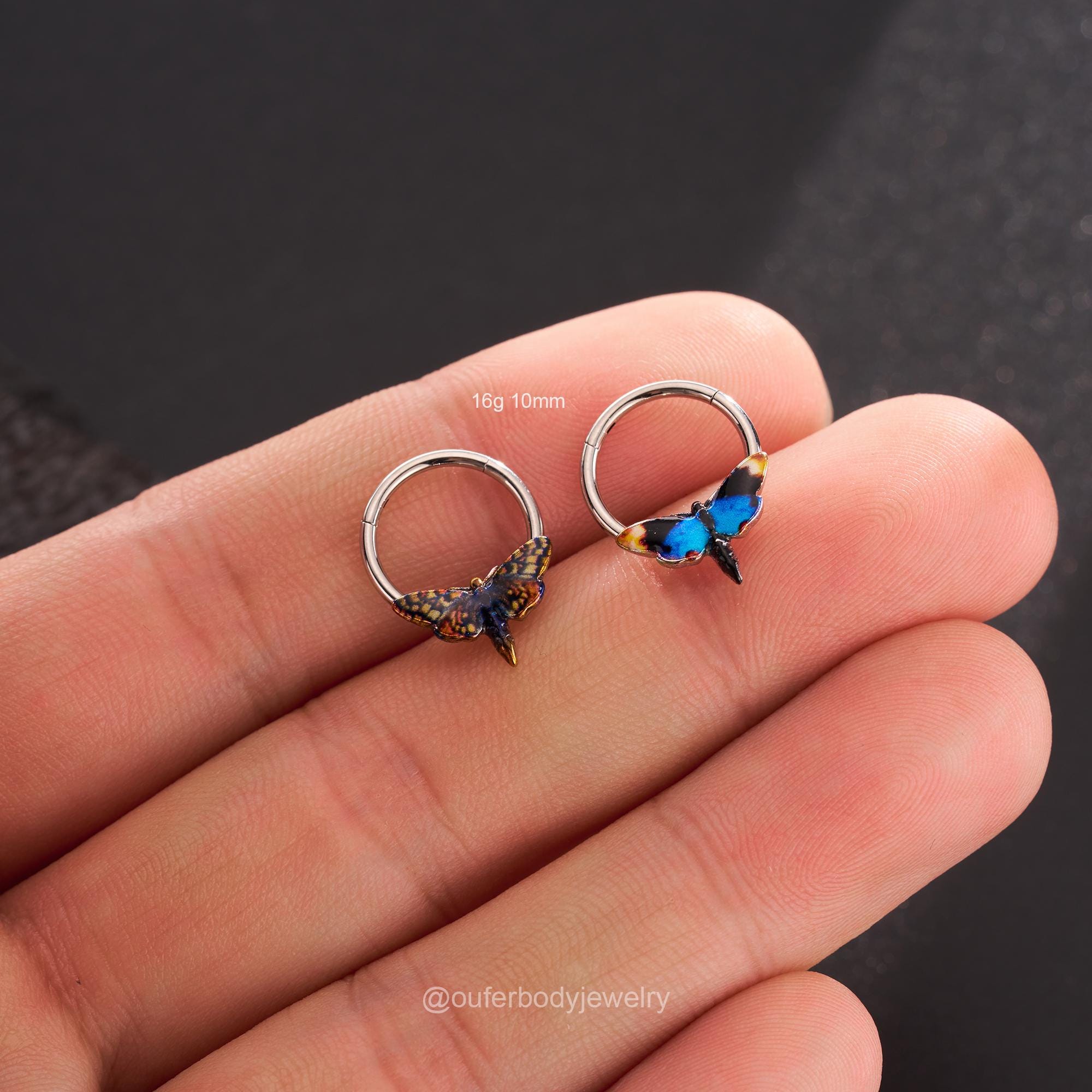 16G Blue/Yellow Moth Hinged Segment Septum Ring/Septum Clicker/Cartilage Hoop/Daith Earring/Helix/Conch/Tragus Hoop/Wings Jewelry Halloween