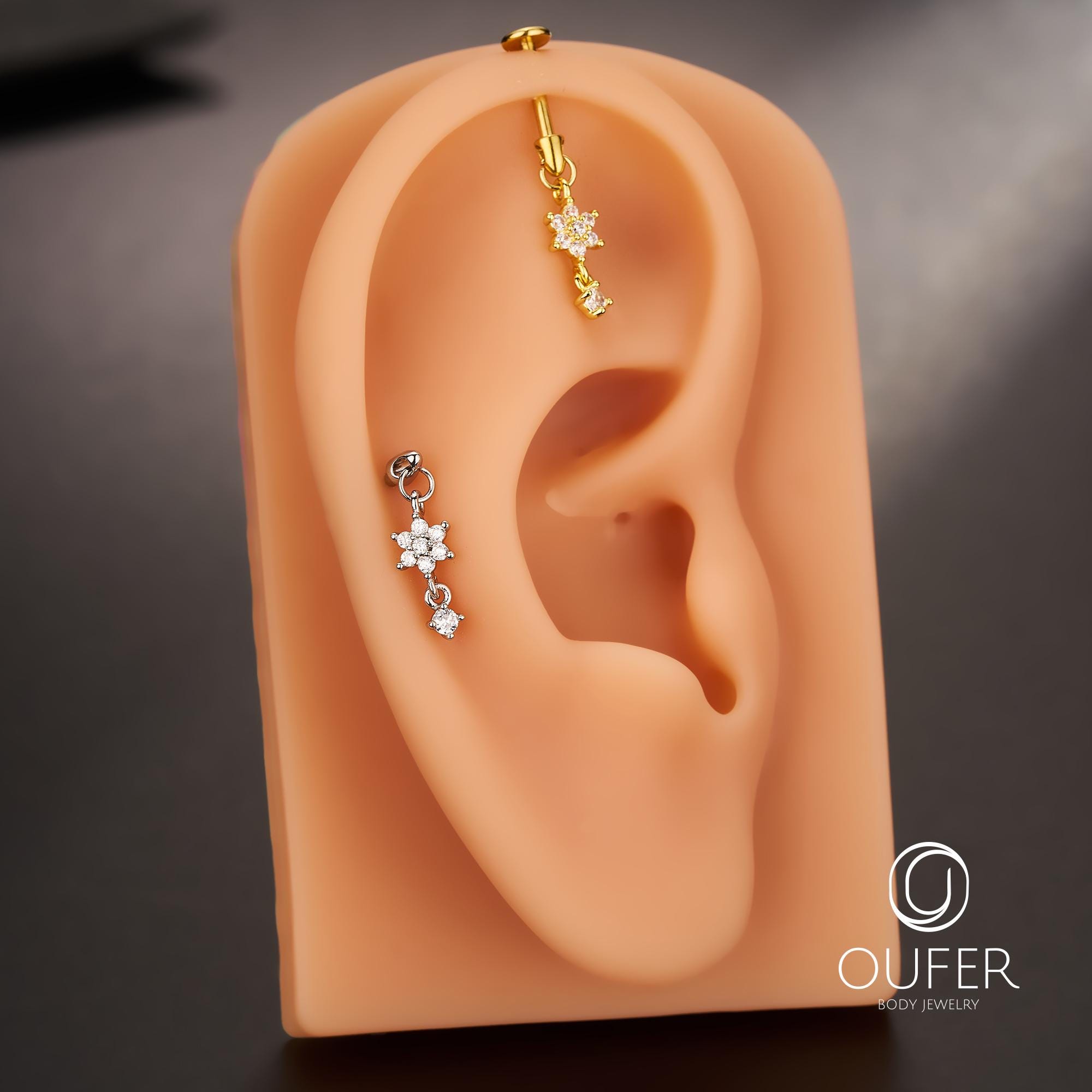 Hiodden Rook 16G Flower CZ Hidden Vertical Helix Earring, Dangle Hidden Rook ...