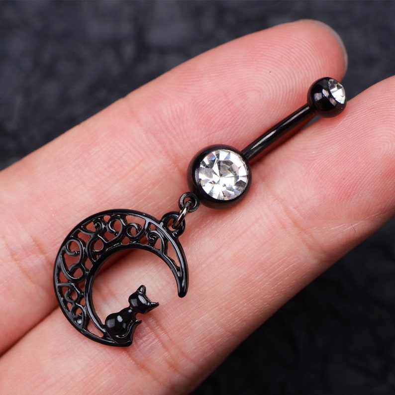 14G CZ Black Cat Dangle Belly Button Ring/belly Piercing/navel Etsy