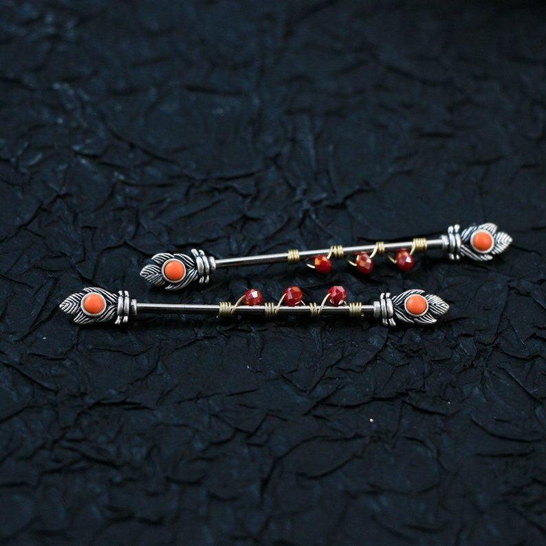 14g Industrial Rings Feather with Red Stone Industrial Barbell Etsy