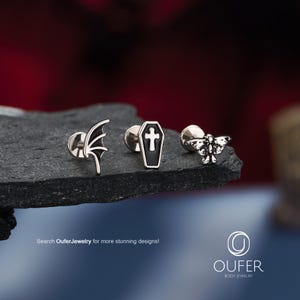 16G 3PCS Silver Moth/Bat Wings Cartilage Studs Set/Internally Threaded 6mm Flat Back Labret Stud/Helix/Tragus/Halloween Jewelry