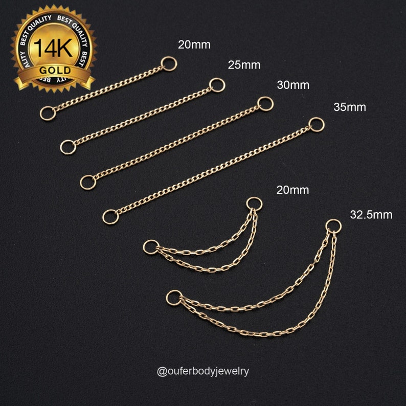 14K Solid Gold Dangle Chain Attachement/Double Chain Piercing/Gold Cartilage Chain/Linking Chain Connector/Loop Chain Earring 20,25,30,35mm image 1