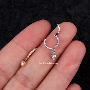 16G CZ Dangle Heart Daith Hoop/Cartilage Hoop/Helix Hoop/Huggie Hoop Earring/Tragus Hoop/Cartilage Earrings/Gift For Her/Minimalist Earrings