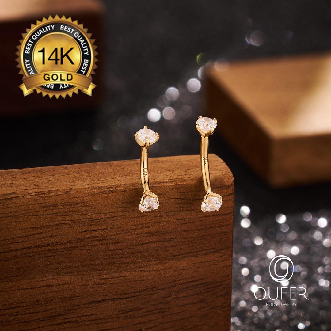 14K Solid Gold Curved Barbell – Eyebrow Jewelry | 16G 6/8mm | Rook