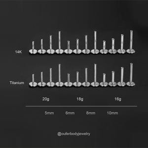Puede incluir: Colecci&oacute;n de piercings plateados, incluyendo opciones de oro 14K y titanio. Las tallas var&iacute;an de 5 mm a 10 mm, con calibres de 20g, 18g y 16g. La imagen incluye texto que indica los materiales y tama&ntilde;os.