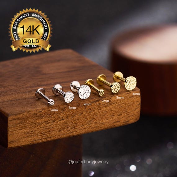 14K Solid Gold Tiny Hammered Threadless Push Pin Labret Stud | 2/3/4mm Flat Disc Minimalist Dot Cartilage Earrings | Nose/Helix/Conch Stud