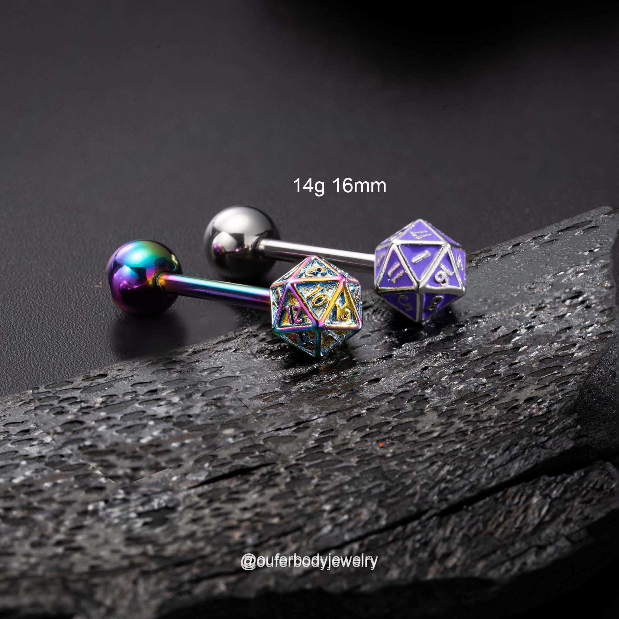 14g D20 Dice Internally Threaded Tongue Ring, Rainbow