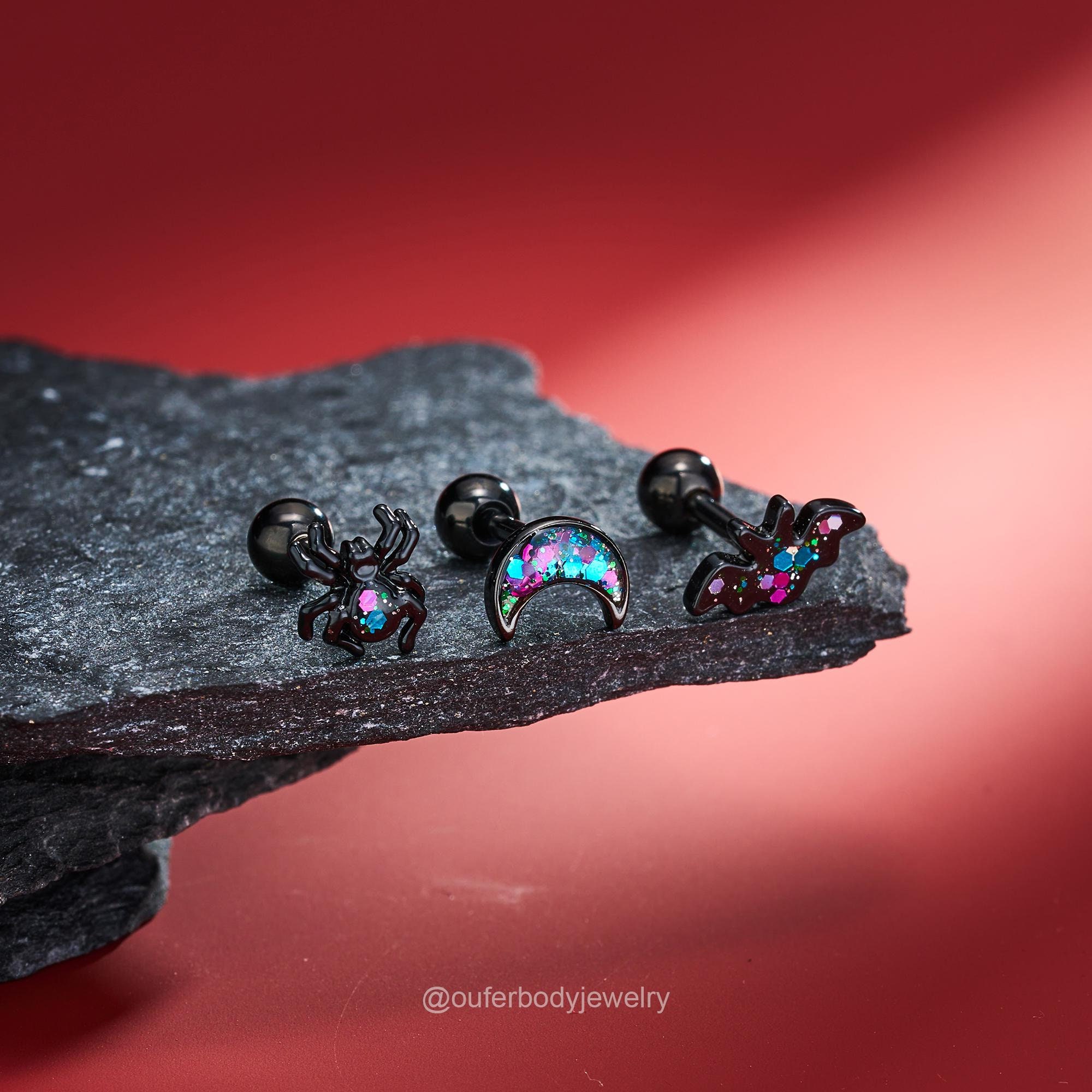 16G 3PCS Glitter Powder Moon/Bat/Spider Cartilage Studs Set Screw Ball Back/Black Halloween Earring/Helix/Conch/tragus piercing stud/Gifts