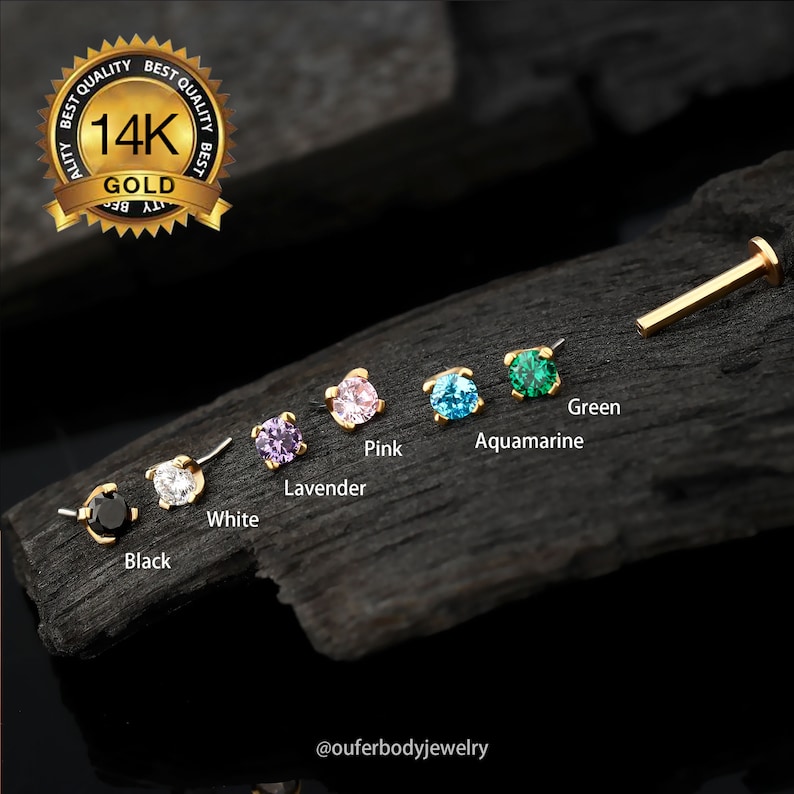 14K Solid Gold Colorful CZ Threadless Push in CZ Labret Stud/cartilage ...