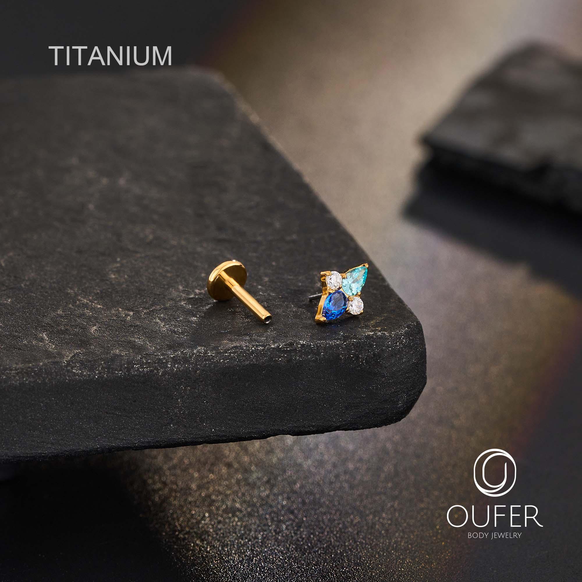 18G 6mm チタン製ブルーCZネジなしノーズスタッド – プッシュイン式