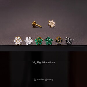 CZ floral sans filetage 16G/18G/Tige de cartilage fleur en or/Tige labret à épingles/nez/Tragus/Lambi/boucle d'oreille arrière plat Émeraude/CZ transparente