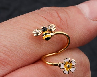 16G Bee & Flower S-Shape Surgical Steel Earring, Helix Earring/ Nose Ring/ Lip Ring/ cartilage/ Piercing Jewelry/ Body Jewelry/ Belly Ring