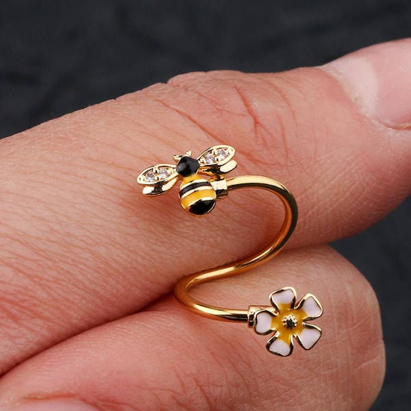 16G bij en bloem S-vorm chirurgisch stalen oorbel, helixoorbel/neusring/lipring/kraakbeen/piercingsieraden/lichaamssieraden/buikring