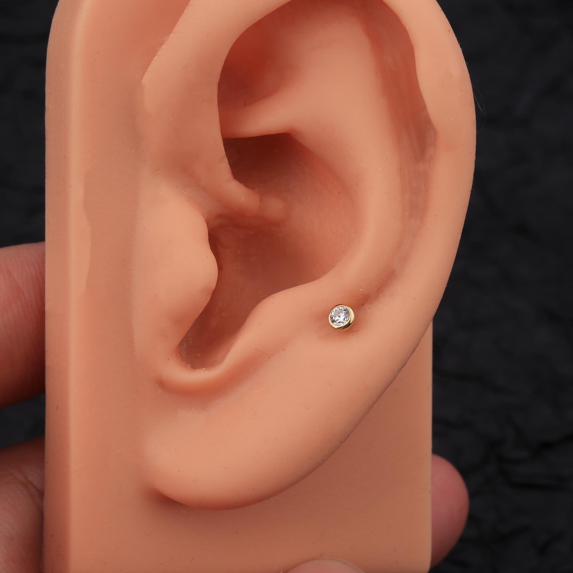 ◆STONEHENgE◆ 14K Cubic Piercing SA24D31U Single 14K Solid Gold Round CZ 3mm Labret Stud/bezel Gemstone