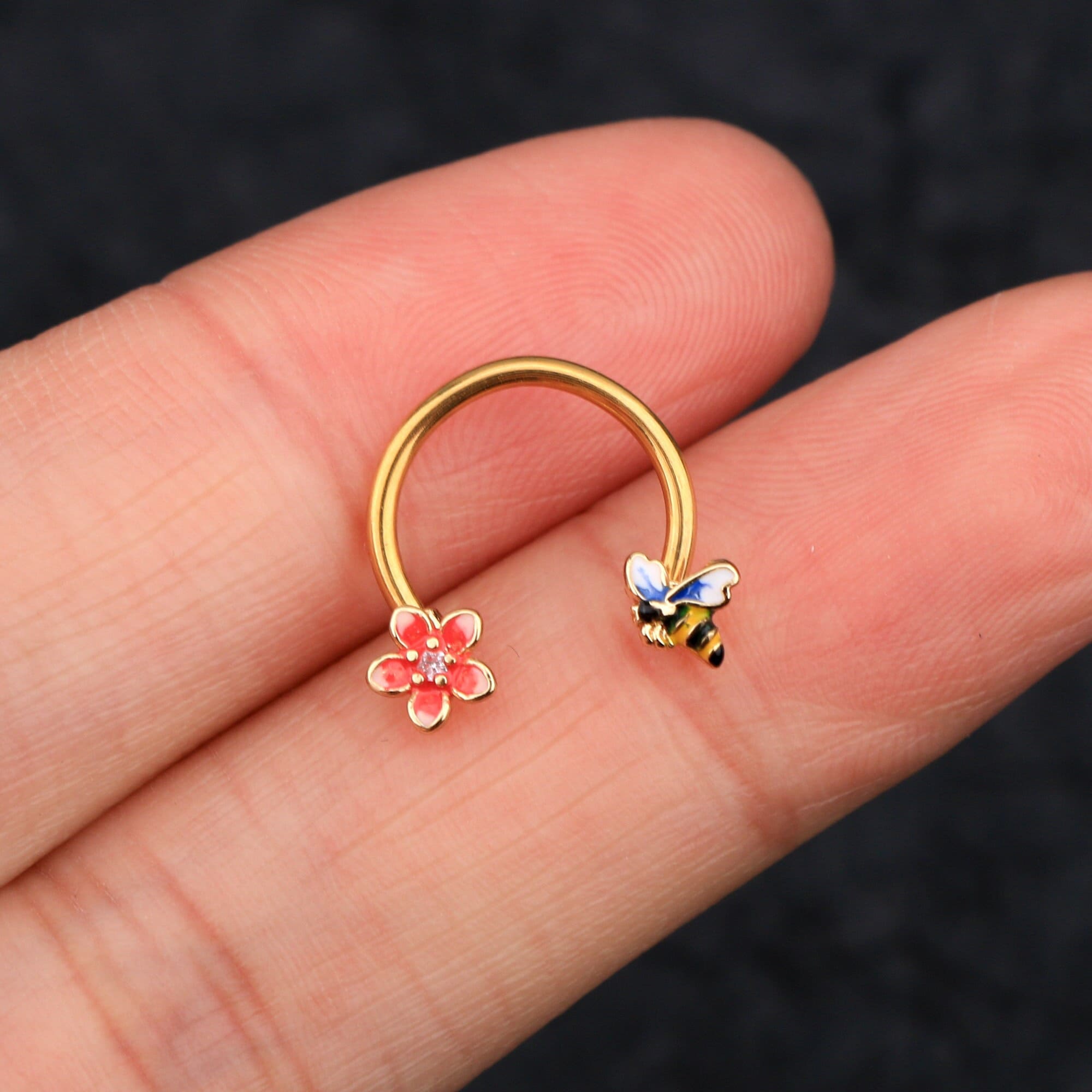 16G Gold Bee & Flower Horseshoe Septum Ring/Cartilage Hoop/ Hoop Earring/ Helix Hoop/ Daith Hoop/Tragus Hoop/Septum Ring/Cartilage Earring