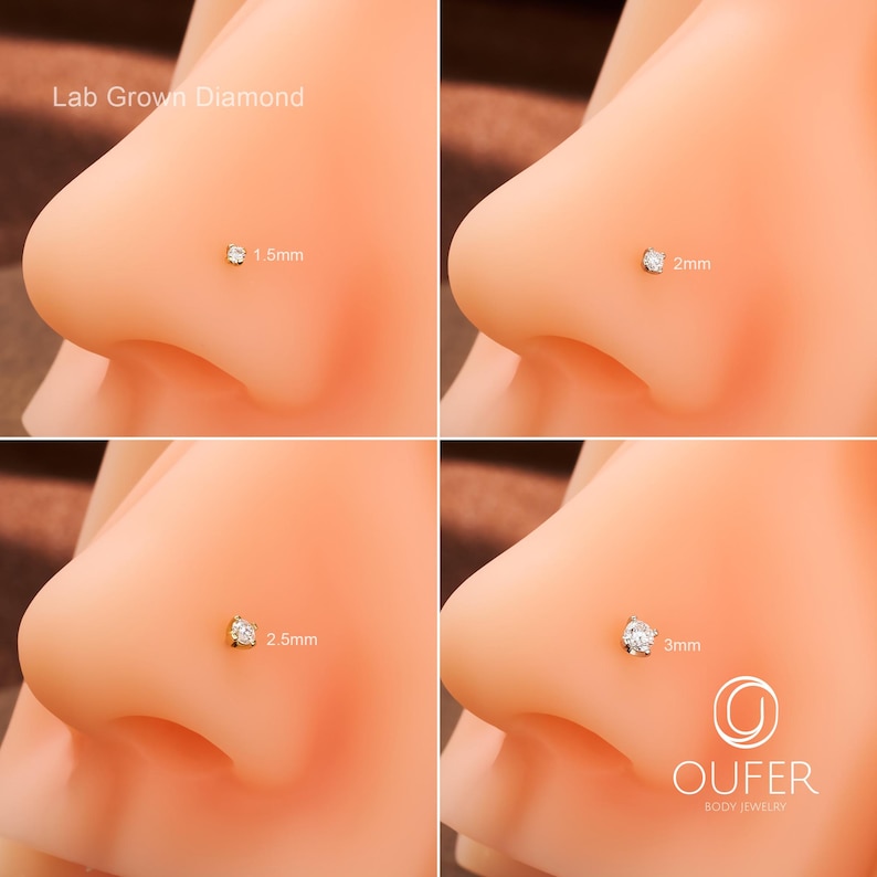 Puede incluir: Imagen de cuatro piercings de nariz con diamantes cultivados en laboratorio, en tama&ntilde;os de 1,5 mm, 2 mm, 2,5 mm y 3 mm. Cada piercing est&aacute; engastado en un engaste de color dorado y se muestra en una nariz de maniqu&iacute;. Se ve el logotipo de la marca "OUFER BODY JEWELRY".