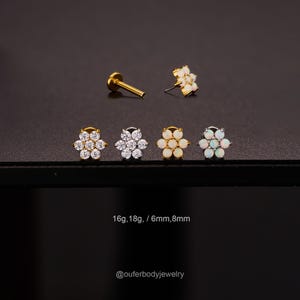 CZ floral sans filet 16G/18G/clous en opale/clous de cartilage fleur en or/bouton labret à épingles/nez/tragus/conque/boucle d'oreille arrière plat hélice/opale blanche