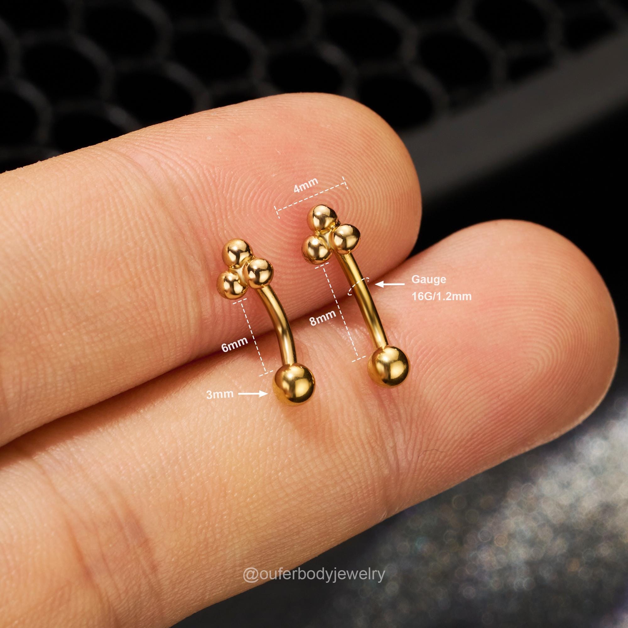 16g Surgical Steel Gold Tribead Rook Barbell Rook Earring Curved Barbell Cartilage Earring Eyebrow Ring Rook Piercing Vertical Labret Gifts