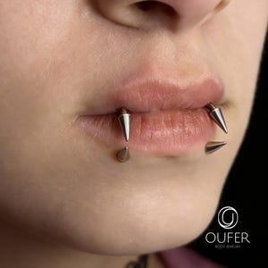 May include: A pair of silver-toned metal lip piercings featuring sharp, conical spike ends. The jewelry is positioned on the lower lip, with two spikes pointing downward and two spikes pointing upward. The logo OUFER BODY JEWELRY is visible.