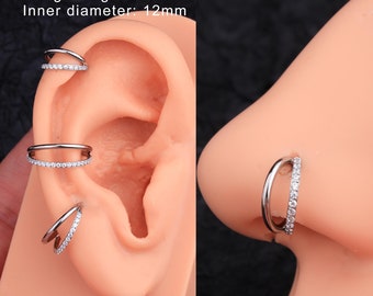 Anillo de doble aro con circonita cúbica de 16 y 18 g para tabique nasal, cartílago, caracola, daith, trago, hélix, regalo para ella, minimalista.