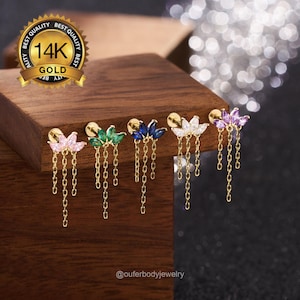 14K Solid Gold Crown Threadless Push-In Labret Stud with Gold Chain, Multi-Color CZ Earring for Cartilage/Conch/Helix/Tragus/Lobe/Nose Stud