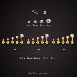 Aro de titanio de grado de implante de 20G/18G/16G con pasador de presión sin rosca de oro CZ para labio, trago, cartílago, caracola, parte posterior plana, piercing para nariz de 2, 2,5, 3,4 mm