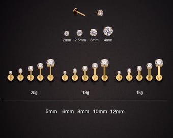 20G/18G/16G titanium steker van implantaatkwaliteit, goud CZ-schroefdraadloze push-pins labret/tragus/kraakbeen/schelp/oorbel met platte achterkant/neusstekers 2, 2,5,3,4 mm
