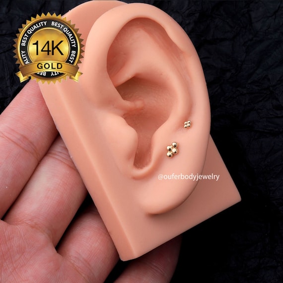 14K Gold Threadless Four Bead Cluster Piercing push Pin Labret