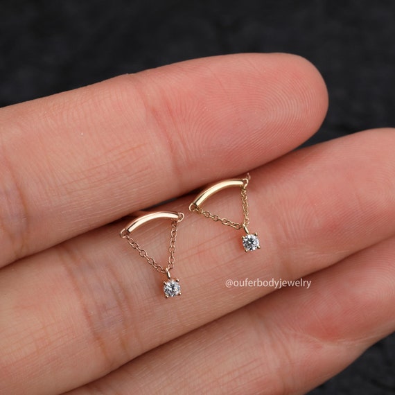 14K Solid Gold Dangle Cartilage Earring Stud/hidden Helix