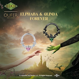 Piercing para septum Wicked x Oufer, piercing para septum con forma de corazón rosa y verde, joyería para piercing con diseño dual de sombrero de bruja y corona Glinda, con licencia oficial.