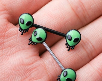 2Pcs 14G Green Alien Halloween Nipple Ring/Barbells/ Nipple Barbell Ring/ Nipple Piercing Jewelry/ Nipple Rings/316L Stainless Steel Barbell