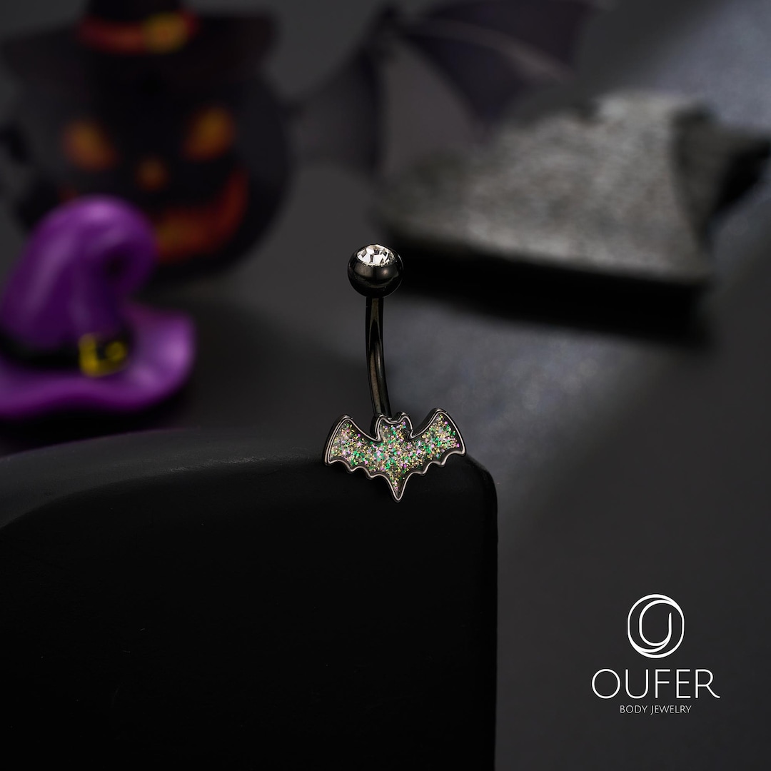 Halloween Bat Belly Button Ring, 14G Glitter Black Bat Navel Ring ...