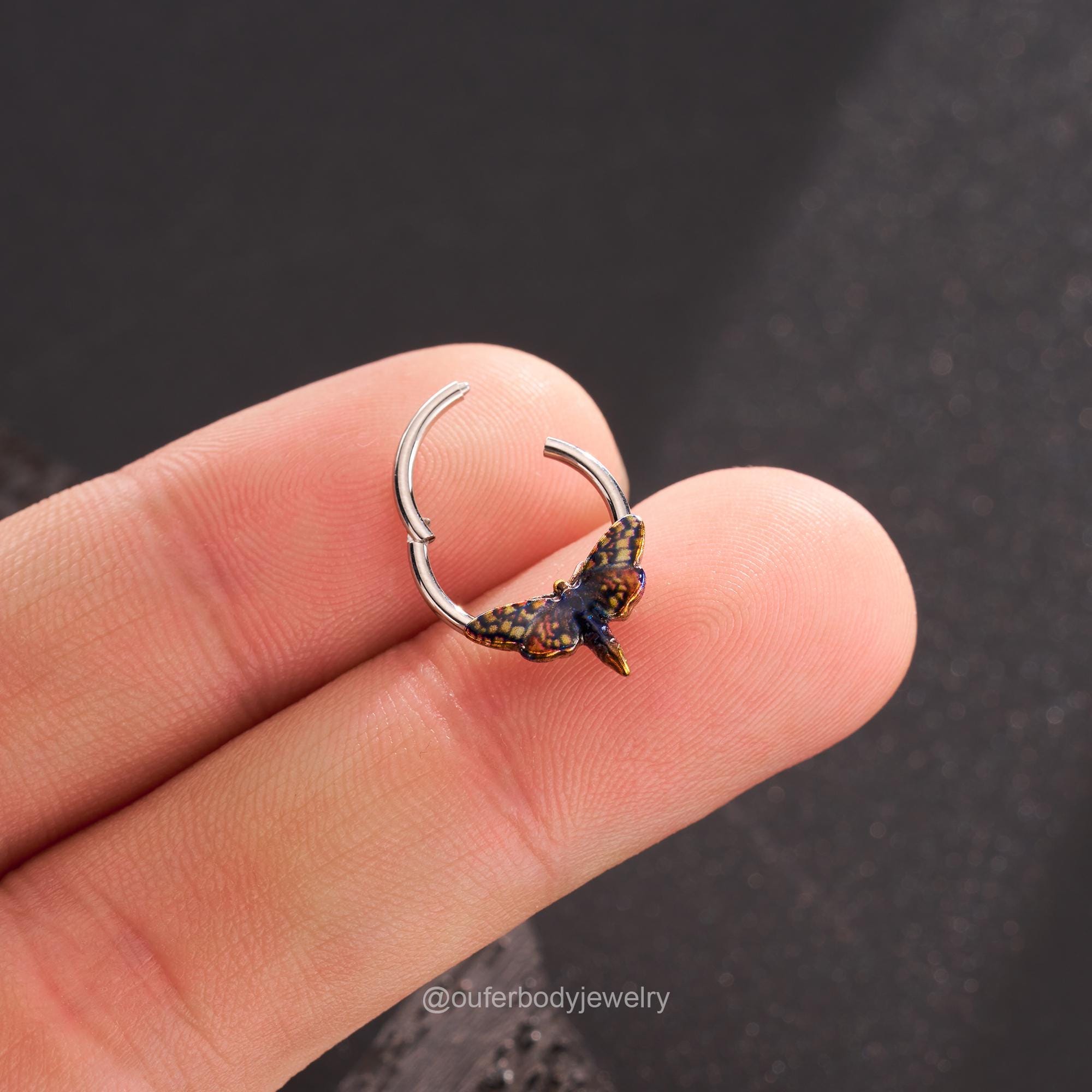 16G Blue/Yellow Moth Hinged Segment Septum Ring/Septum Clicker/Cartilage Hoop/Daith Earring/Helix/Conch/Tragus Hoop/Wings Jewelry Halloween