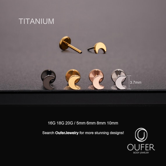 16G/18G/20G Titanium Threadless Moon Flat Back Stud/Push Pin Labret/Cartilage/Conch/Helix/Tragus/Nose Piercing Silver/Gold/Black/RoseGold