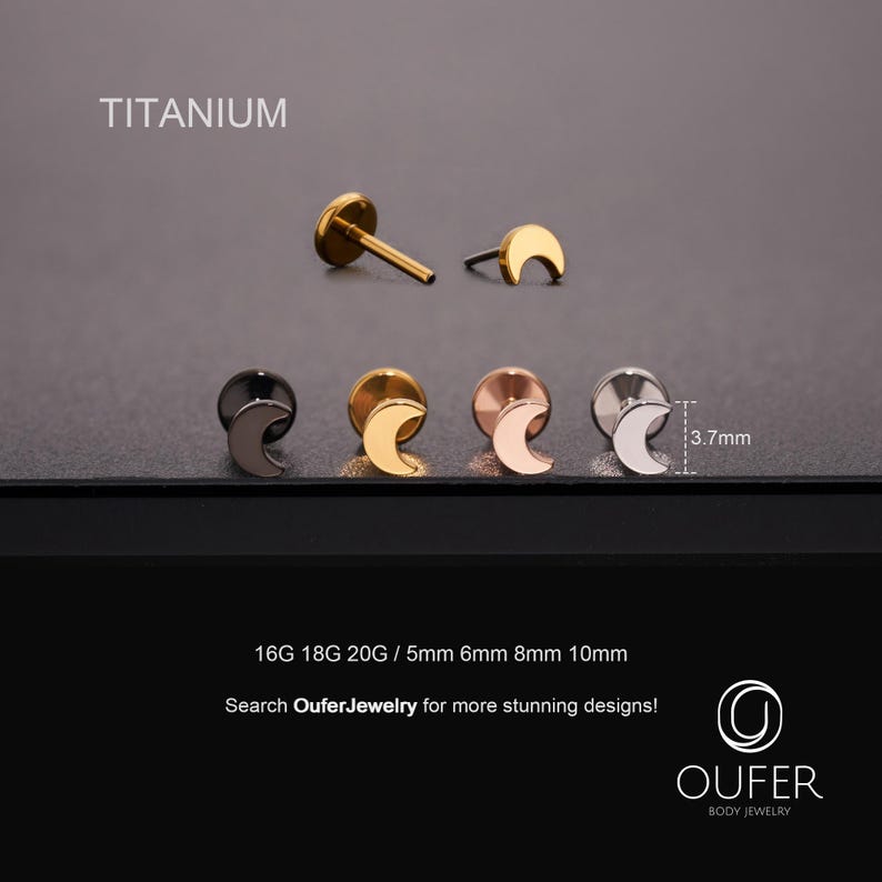 May include: Titanium moon-shaped body jewellery studs in various colours, including gold, black, and silver. The image shows several studs with different sizes, ranging from 5mm to 10mm. The text on the image says "Oufer Body Jewellery".