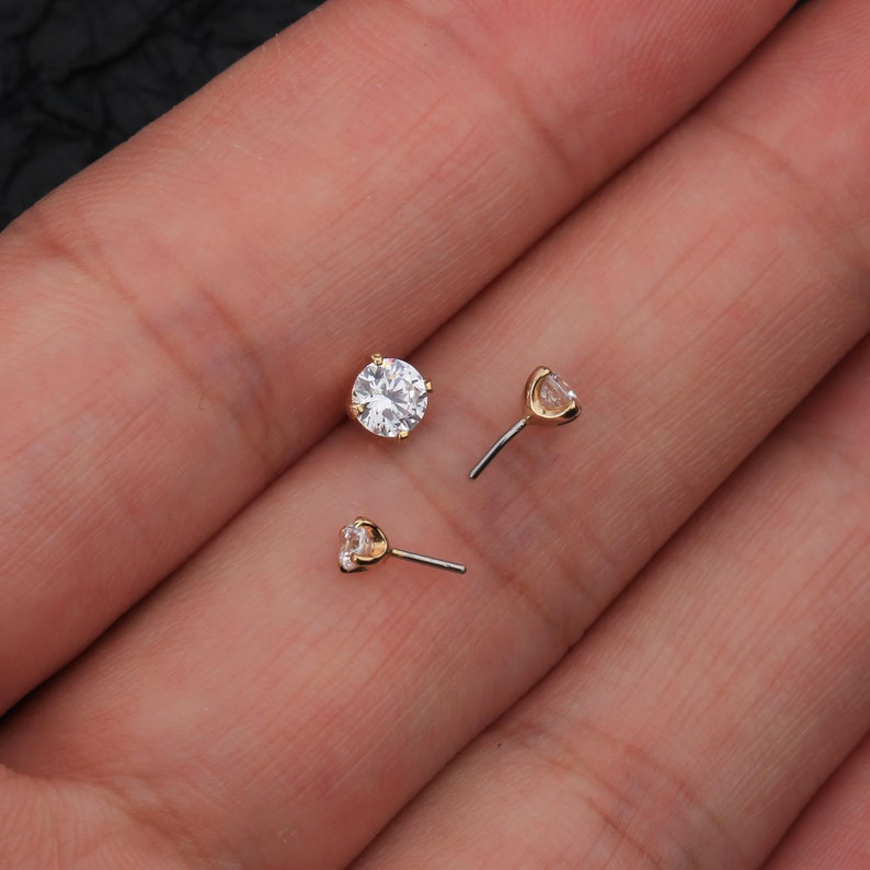 14K Solid Gold Threadless Push In CZ Labret Stud/Tragus/Cartilage/Conch/Forward Helix Piercing/Nose Push Pin Stud 1.5mm,2.0mm, 2.5mm 3mm 4mm image 8