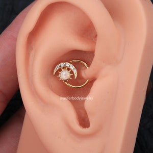 16g Opal & CZ Sun Hinged Hoop Ring/Gold Daith Earring/Helix Jewelry/Tragus Jewelry/Cartilage Earrings/Minimalist Earrings/Mother's Day Gift