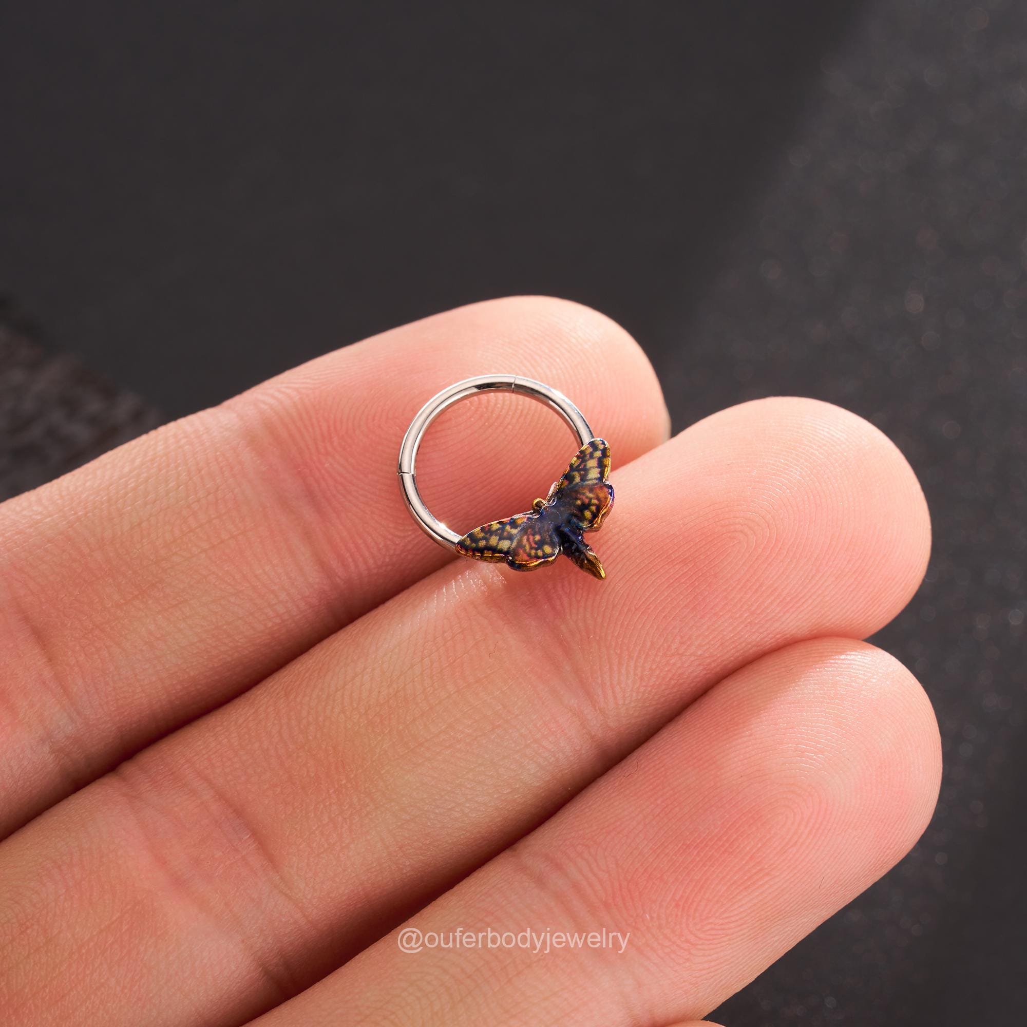 16G Blue/Yellow Moth Hinged Segment Septum Ring/Septum Clicker/Cartilage Hoop/Daith Earring/Helix/Conch/Tragus Hoop/Wings Jewelry Halloween